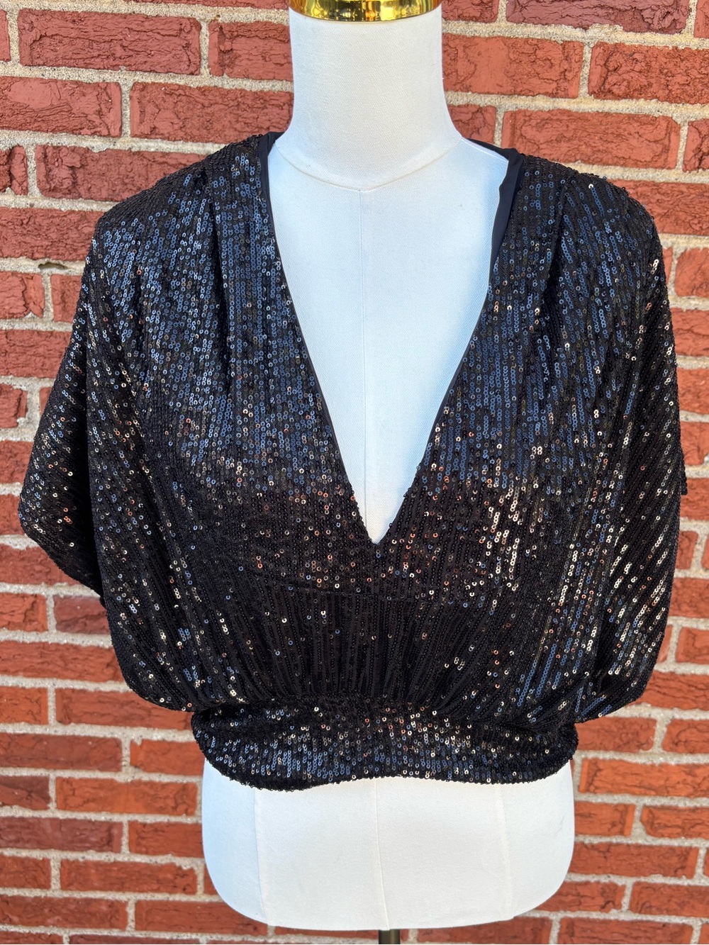 &merci Black Sequin Plunge V-Neck Dolman Sleeve Crop Top Women Size Small